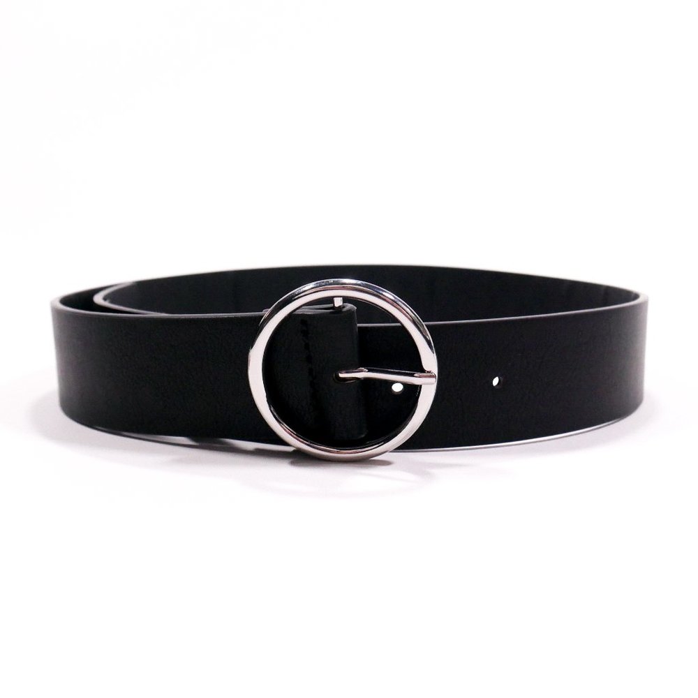Brandy Melville Silver Circle Buckle Black Leather Belt